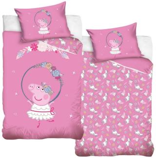 MTOnlinehandel Kinderbettwäsche Peppa Pig 100x135 + 40x60 cm, 100 % Baumwolle, 2 teilig, Babybettwäsche, Wende-Motiv mit Peppa Wutz, Blumen und Einhorn