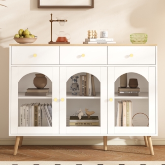 Merax Sideboard mit 3 Schubladen und 3 gebogenen Türen mit breitem Schrank aus gehärtetem Glas für Buffettische in Küchen und Esszimmern, weiß und natur