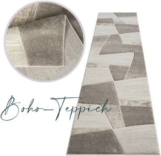 Teppich Läufer Kurzflor Beige Braun - 80x150cm - Boho Karo Design Modern Skandinavisch Wohnteppich Schlafzimmer