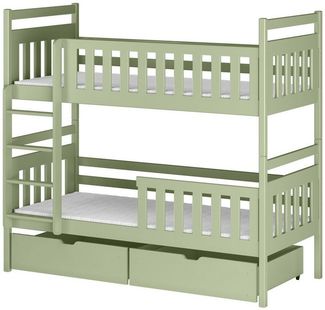 Kids Collective Hochbett 80x180, 90x200 cm mit 2 Schubladen Kinderbett mit Rausfallschutz Lattenrost, umbaubar in 2 Kinderbetten, Vollholz, Olivgrün, 200x90 cm