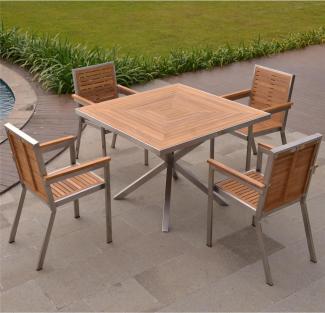 Designer Set Tisch Andalo + 4 Stapelstühle Dosazzo Teakholz Edelstahl 80 x 80 cm