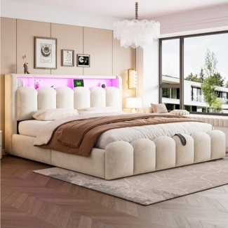 MODFU Polsterbett mit hydraulischem Stauraum (Doppelbett mit USB-C & LED-Beleuchtung, Stauraumbett 180x200 cm), ohne Matratze