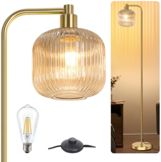 Rosnek LED Stehlampe Vintage Stehleuchte Wohnzimmer Retro Leselampe für Schlafzimmer Büro, Hellbraun, LED wechselbar, Warmes Weiß, 170CM, mit 1 E27 Glühbirne, Glas Lampenschirm & Fußschalter für Studio