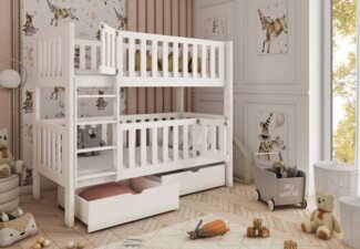 Kids Collective Etagenbett Kinderbett 80x180, schließbarem Rausfallschutz, mit Sicherheitstüren, zwei Schubladen,Lattenrost,umbaubar in 2 Einzelbetten,Vollholz,weiss