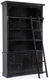 Casa Padrino Landhausstil Schrank mit Leiter Antik Schwarz 143,5 x 40,6 x H. 233,7 cm - Bücherschrank - Regalschrank - Wohnzimmerschrank - Büroschrank - Landhausstil Möbel