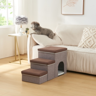 [en. casa] 'Vojens' Hundetreppe mit 3 Stufen und Höhle, MDF braun / grau, 33 x 76 x 43 cm