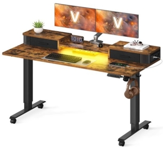 Vasagle Höhenverstellbarer Schreibtisch elektrisch, 60x140 x (72-120) cm, stufenlos verstellbar, mit Monitorständer, Haken, Memory-Funktion, vintagebraun