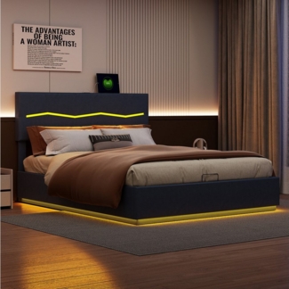 Furnishings Home Polsterbett Stauraumbett Doppelbett LED (Hydraulisch hebbarer Stauraum), Inkl. LED-Beleuchtung, Ladeanschluss, Bettkasten, PU, 140x200 cm