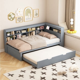 Flieks Massivholzbett, Einzelbett 90x200cm mit Stauraum, USB-Aufladen und Unterbett 90x190cm