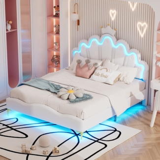 Polsterbett 140x200 cm aus PU-Kunstleder mit Kronen-Kopfteil und LED-Ambiente,Weiß