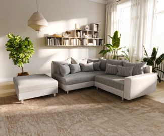 Eckcouch Clovis Weiß/ Hellgrau Hocker Armlehne Ottomane Links Ecksofa modular