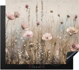 MuchoWow Herd-Abdeckplatte Blumen - Rosa - Modern - Beige, Vinyl, (1 tlg), Küche Herdabdeckung Ceranfeld Induktionsfeld Vinyl, 65x50 cm
