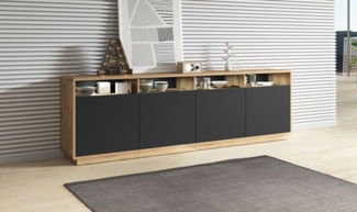 Sideboard Kommode Aston 238x40x74cm Taurus Eiche schwarz 4-türig