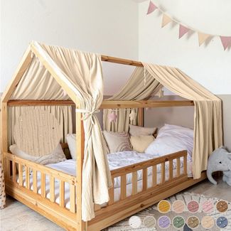 lilimaus Betthimmel Musselin Hausbett Himmel für Kinderzimmer mit Gold Applikation, Musselin Betthimmel aus Baumwolle für Kinderzimmer-Deko