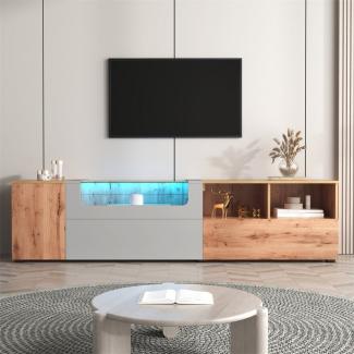 autolock TV-Schrank TV-Schränke, Lowboards, Wohnzimmermöbel in Hellgrau und Holzfarben. farbwechselnden LED-Leuchten und Glaspaneelen mit Fächern und Türen.