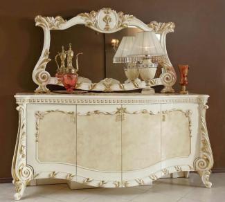 Casa Padrino Luxus Barock Möbel Set Beige / Weiß / Gold - 1 Barock Sideboard mit 4 Türen & 1 Barock Wandspiegel - Handgefertigte Barock Möbel - Edel & Prunkvoll