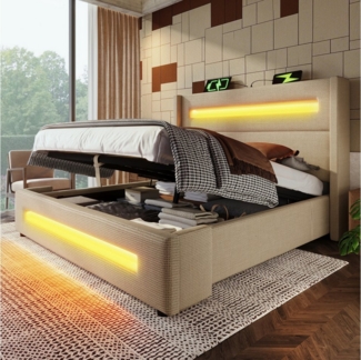 TavilaEcon Boxspringbett Modernes LED-Bett mit Ladestation und USB/Type-C-Anschlüsse, hydraulischer Stauraum, leinenimitat-Optik, Grau/Beige