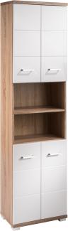 HOMEXPERTS Badezimmer-Hochschrank NUSA / Badschrank Sonoma Eiche, Türen Hochglanz weiß lackiert / Badezimmerschrank 4 Türen mit offenen Elementen & viel Stauraum / 50 x 31,5 x 192cm (BxTxH)