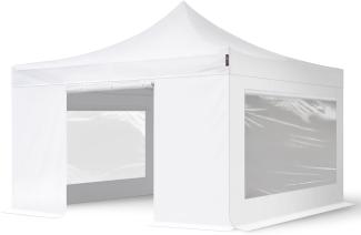 4x4 m Faltpavillon, PREMIUM Stahl 40mm, feuersicher, Seitenteile mit Panoramafenstern, weiß