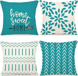 Kissenbezüge 45 × 45 cm 4er-Set Aqua Blau, Moderne Leinen Dekokissen, Outdoor & Sofa, Wasserabweisend