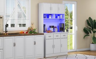 Buffetschrank 100 x 40 x 180 cm aus MDF in Weiß mit LED & Steckdosenleiste