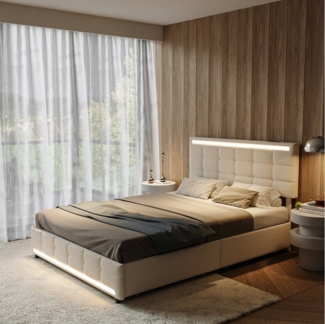 Furnishings Home Polsterbett Stauraumbett Doppelbett inkl. LED & Ladefunktion (Mit Vier extra große Schubladen), Mit LED-Beleuchtung, Ladeanschluss, Leinen, 140x200 cm
