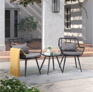 JOIVI Balkonset Bistro-Set, Gartenmöbel-Set, Balkonmöbel-Set für 2 Personen, (aus handgewebten Rattan, Beistelltisch mit Glastischplatte), 2er Korbsessel für Balkon, Garten Schwarz Rattan & Grau Kissen