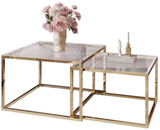 ALLHOUSE24 Couchtisch 2 in 1 MAYA GLAS goldverchromte Metallgestell Sofatisch Tisch SET (2er Set)