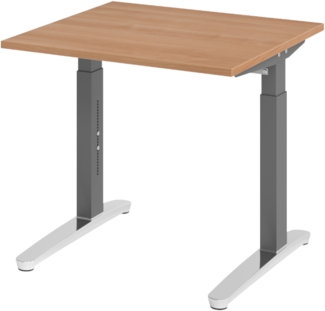 bümö manuell höhenverstellbarer Schreibtisch 80x80 in Nussbaum, Gestell in graphit/alu - PC Tisch höhenverstellbar & klein, höhenverstellbarer Tisch Büro, kleiner Computertisch verstellbar, X08-N-GC