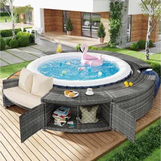 Ulife Gartenlounge-Set Whirlpool Gartenmöbel Poolumrandung Rund Umrandung Polyrattan, (1-tlg), mit Stauraum,mit verstellbaren Füßen, inklusive Kissen