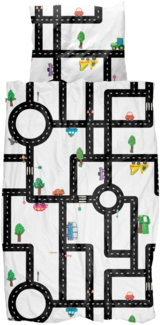 Snurk Bettwäsche Lehmverkehr Bunt Weiss Autos Spielstrasse Bäume Kinder Perkal 135x200 cm