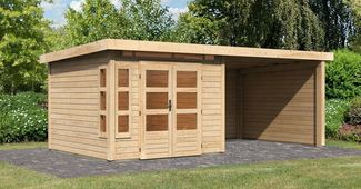Gartenhaus Kastorf 6 - 274x274 cm plus Anbaudach 3,20m mit Wänden, 28 mm Holz naturbelassen, Karibu
