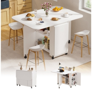 TWSOUL Esstisch Klapptisch mit Rollen & Stauraum, klappbar 30-110*84cm, Weiß, Küchentisch aus Holz, mobil für kleine Räume, Esszimmer, Wohnung