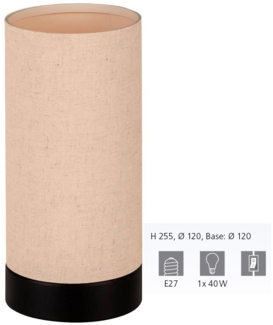 Eglo 900861 Tischleuchte FENIGLIA Stahl schwarz, Textil Leinen natur E27 1X40W H:25. 5cm Ø12cm mit Kabelschalter