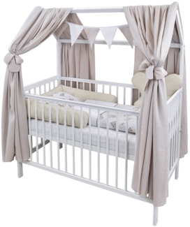 Baby-Delux Komplettbett Hausbett Babybett Komplettset Waffelpique Musselin, 12-tlg, Kinderbett 60x120 cm weiß, Bettset verschiedene Designs