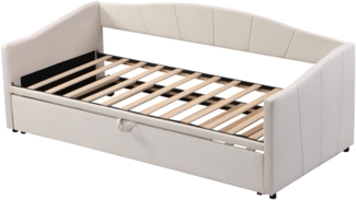 Polsterbett, Ausziehbares Schlafsofa mit Lattenrosten Multifunktionsbett, Samtstoff, Beige, 90 x 200 cm