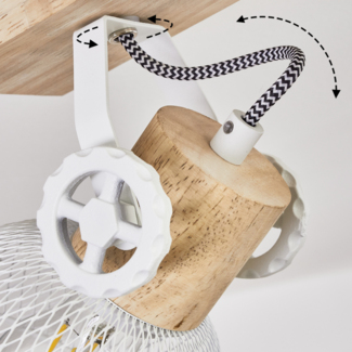 hofstein Deckenleuchte »Cotes« Deckenlampe aus Holz/Metall, Natur/Weiß Schirme, Gitter-Optik, ohne Leuchtmittel, Leuchte m. Holzbalken, Textilkabeln u. verstellbaren Strahlern, 3xE27