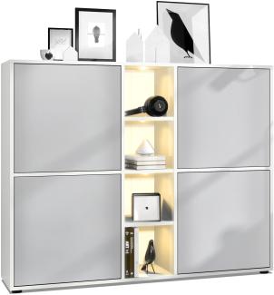 Vladon Highboard Cuba V3, Weiß matt/Hellgrau seidenmatt inkl. LED - Moderne Anrichte mit 12 Fächern (130,5 x 105,5 x 35,5 cm)