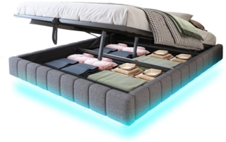 OKWISH Polsterbett Funktionsbett,Kinderbett,Jugendbett,Gästebett (mit Stauraum und LED-Beleuchtung – Multifunktionales Design ohne Kopfteil, Luftdruck-Lagersystem, Robuster Metallrahmen für 250 kg Belastbarkeit, Perfekt für Schlafzimmer und moderne Woh...