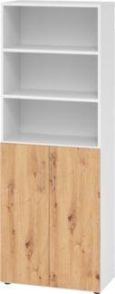 bümö Aktenregal & Schrank abschließbar, Büroschrank Regal Kombination Holz 80cm breit in Weiß/Asteiche - abschließbarer Schrank für's Büro & Arbeitszimmer, Büro Möbel Ordnerschrank, 968T3-W-R-BS