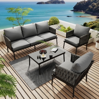 Merax Garten Loungesessel Set, Gartenmöbel Set mit bequemen Kissen, 3er Sofa, 2 Sessel und Couchtisch, Outdoor, Glastischplatte, geflochtene Seilarmlehnen, verzinkter Stahl, grau