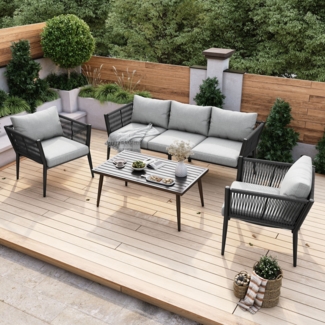 Merax Gartenlounge-Set 5-Sitzer Gartenmöbel-Set Balkonset mit geflochtenen Seilarmlehnen, grau