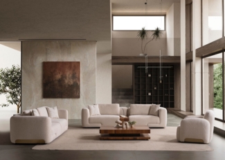 Sitzgruppe/Sofa Set - Wohnzimmergarnitur "Scilla" 3+3+1 + Mittelkonsolentisch-Beige