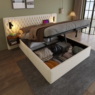 Flieks Polsterbett, Hydraulisches Doppelbett 160×200cm 2 Nachttische Leselicht USB-Laden