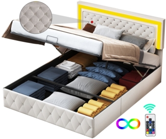 FUROKOY Polsterbett Doppelbett Stauraumbett Hydraulisch anhebbarer mit LED Beleuchtung, 140x200 cm,Gepolstert,Weich und bequem,Samtstoff,Beige