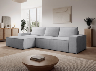 Vente-unique - Großes Ecksofa mit Schlaffunktion - Ecke links - Cord - Hellgrau - AMELIA