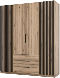 Selsey 'Kaja' Kleiderschrank 4-türig mit Lamellen & 3 Schubladen, Eiche Evoke, ca. 239 x 200 x 62 cm