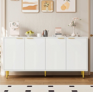 Flieks Sideboard mit 4 Türen, goldenen Metallgriffen und Metallbeinen (B160/T40/H80 cm, 1 St, Holzschrank für Wohnzimmer, Esszimmer, Schlafzimmer, Flur), Mehrzweckschrank mit verstellbare Einlegeböden Komodenschrank Weiß