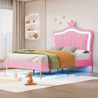 Bett 90x200 cm aus PU-Kunstleder mit LED-Leiste und verstellbarem Kopfteil – kindgerechtes Design in Pink