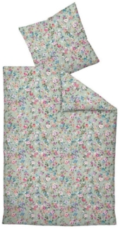 Janine Bettwäsche JANNE, 135 x 200 cm, Grün, mehrfarbige Blüten, Satin, 2 teilig, mit Reißverschluss